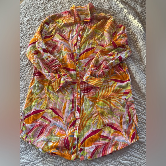 C&C California Tunic Top Tropical Floral Linen/Rayon Button Up Sz XL Beach Vacay - Picture 2 of 15
